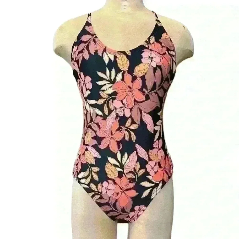 Aqua couture black floral one piece cross adjustable strap swimsuit